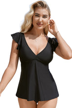 Load image into Gallery viewer, Black Sexy V Neck Ruffle Sleeve Tankini Top | Swimwear/Swim Tops
