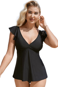 Black Sexy V Neck Ruffle Sleeve Tankini Top | Swimwear/Swim Tops