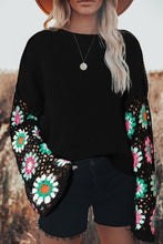 Load image into Gallery viewer, Black Floral Crochet Bell Sleeve Loose Sweater | Tops/Sweaters &amp; Cardigans
