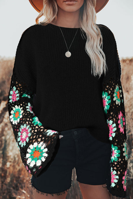 Black Floral Crochet Bell Sleeve Loose Sweater | Tops/Sweaters & Cardigans