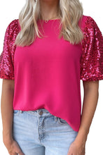 Load image into Gallery viewer, Rose Red Contrast Sequin Puff Sleeve T Shirt
