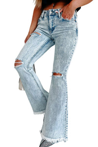 Sky Blue Distressed Acid Wash Flare Jeans | Bottoms/Jeans