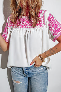 White Embroidered Floral Short Sleeves Shift Top | Tops/Tops & Tees