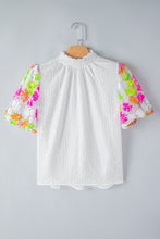 Load image into Gallery viewer, Puff Sleeve Top | White Collar Sequin Flower Textured Blouse
