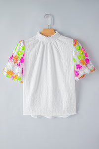 Puff Sleeve Top | White Collar Sequin Flower Textured Blouse