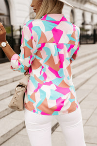 Pink Geometric Block Printed Roll Tab Sleeve Shirt | Tops/Blouses & Shirts