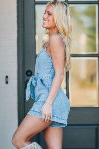 Beau Blue Spaghetti Straps Belted Denim Romper | Bottoms/Jumpsuits & Rompers