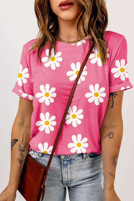 Pink Daisy Printed Crewneck T Shirt | Tops/Tops & Tees