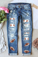 Load image into Gallery viewer, Distressed Football Straight Blue Jeans
