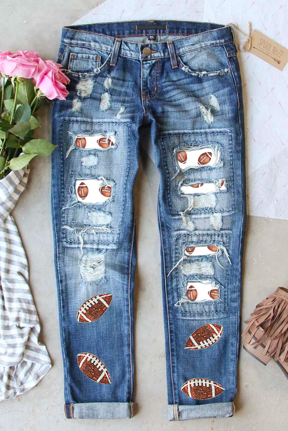 Distressed Football Straight Blue Jeans