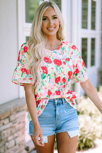 V Neck Blouse | Red Floral Print Ruffled Short Sleeve