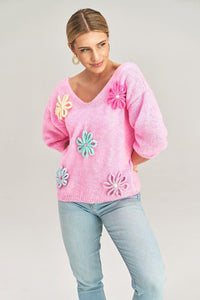 Flower Decorated Sweater | Fall Pink Sweater