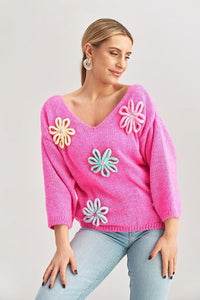 Flower Decorated Sweater | Fall Pink Sweater