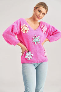 Flower Decorated Sweater | Fall Pink Sweater