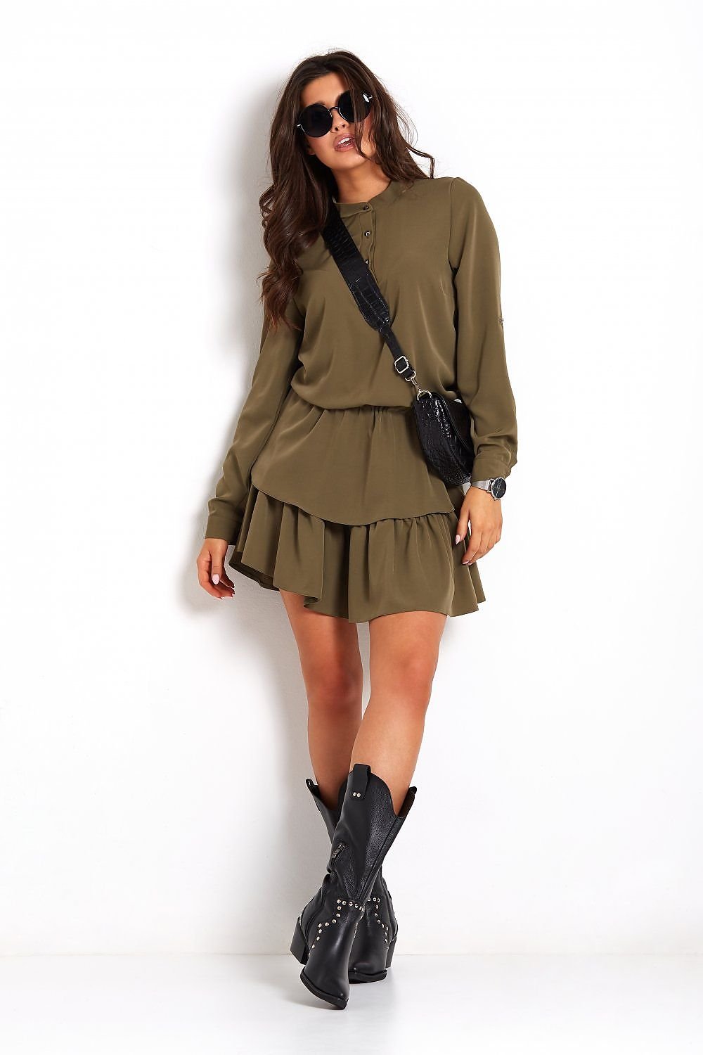 Flared Cut Mini Dress | Long Sleeve Buttoned Neckline