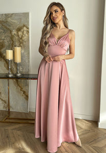 Pink Satin Evening Gown | Thin Straps Leg Slit