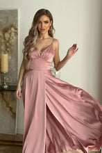 Load image into Gallery viewer, Pink Satin Evening Gown | Thin Straps Leg Slit
