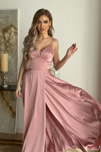 Pink Satin Evening Gown | Thin Straps Leg Slit