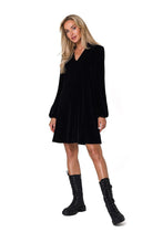 Load image into Gallery viewer, Black Velour Mini Dress | V Neck Trapeze Cut
