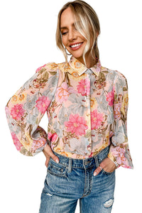 Pink All Floral Puff Sleeve Collared Shirt | Tops/Blouses & Shirts