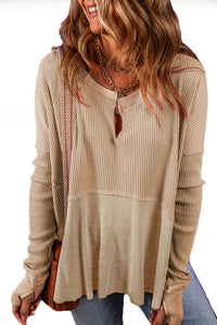 Patchwork Top | French Beige Slit Neck Waffle Knit