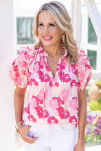 Load image into Gallery viewer, Pink Split Neck Ruffled Puff Sleeves Floral Top | Tops/Tops &amp; Tees
