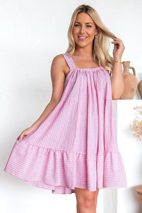 Mini Flared Dress | Pink Stripe Pinstriped Ruffled Hem Dress