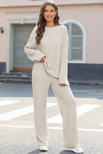 Load image into Gallery viewer, Beige Ribbed Drop Shoulder Henley Top Wide Leg Pants Set | Two Piece Sets/Pant Sets
