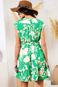 Mini Dress | Green Floral Sleeveless V Neck Ruffled Hem