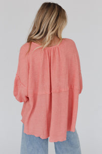 Pink Waffled Bracelet Sleeve Oversized Henley Top | Tops/Blouses & Shirts