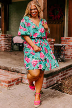 Load image into Gallery viewer, Green Floral Bubble Sleeve Surplice Ruffled Plus Size Dress | Plus Size/Plus Size Dresses/Plus Size Mini Dresses
