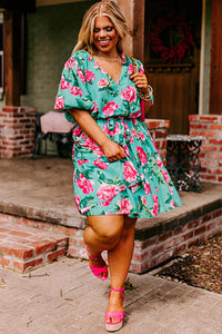 Green Floral Bubble Sleeve Surplice Ruffled Plus Size Dress | Plus Size/Plus Size Dresses/Plus Size Mini Dresses