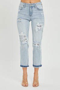 RISEN Mid-Rise Sequin Patched Jeans | Blue Jeans