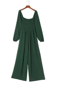 Green Smocked Square Neck Long Sleeve Wide Leg Jumpsuit | Bottoms/Jumpsuits & Rompers