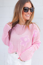Load image into Gallery viewer, Pink Flower Sweater | Hollowed Knit Drop Shoulder Sweater
