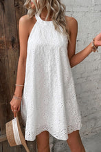 Load image into Gallery viewer, White Boho Eyelet Pattern Halter Neck Sleeveless Dress | Dresses/Mini Dresses
