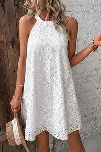 White Boho Eyelet Pattern Halter Neck Sleeveless Dress | Dresses/Mini Dresses