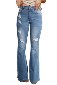 Sky Blue Dark Wash Mid Rise Flare Jeans | Bottoms/Jeans