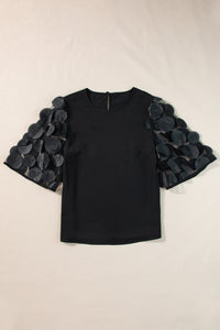 Half Sleeve Blouse | Black Contrast Applique Mesh Top