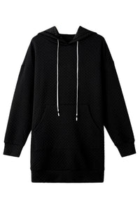 Black Drawstring Kangaroo Pocket Quilted Hooded Dress | Dresses/Mini Dresses