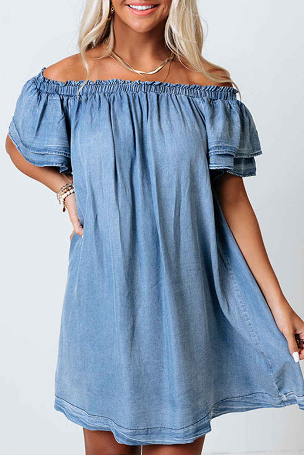 Sky Blue Off-shoulder Ruffle Sleeves Chambray Dress | Dresses/Mini Dresses