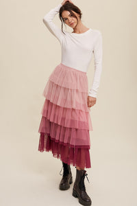 Maxi Skirt | Pink Gradient Ruffle Tiered Mesh