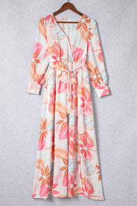 Maxi Dress | Tropical Plant Print Long Sleeve Wrap Dress