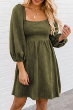 Load image into Gallery viewer, Jungle Green Suede Square Neck Puff Sleeve Dress
