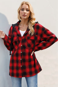 Drawstring Plaid Hooded Shacket