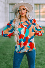 Load image into Gallery viewer, Multicolor Abstract Pattern Crewneck Ruffled Puff Sleeve Blouse | Tops/Blouses &amp; Shirts
