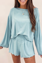 Load image into Gallery viewer, Shorts Set | Sky Blue Long Sleeve Top High Waist
