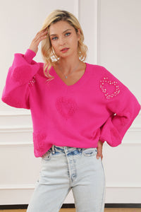 Rose Red Fuzzy Hearts V Neck Sweater