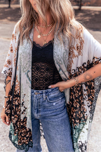 Bohemian Kimono | Green Floral Print Irregular Hem Kimono