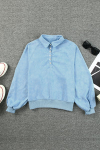 Sky Blue Washed Snap Buttons Lantern Sleeve Pullover Sweatshirt | Tops/Sweatshirts & Hoodies